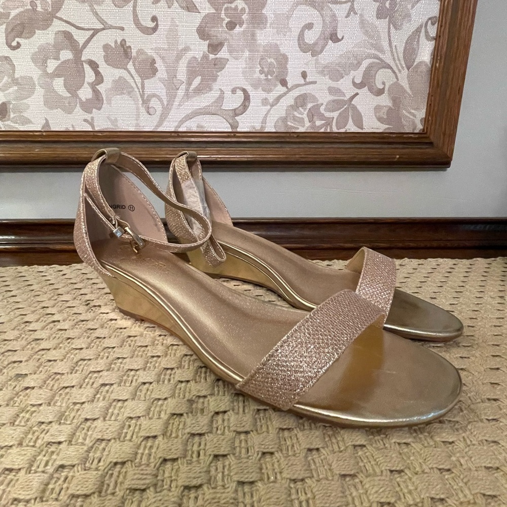 Gold sparkly wedge sandals